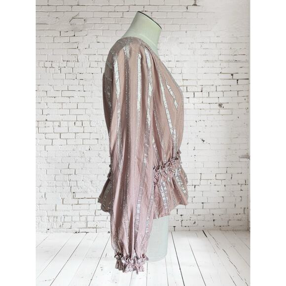 Current Air Womens Dressy Boho Metallic Striped Peplum Ruffle Blouse Size Large - Picture 6 of 8